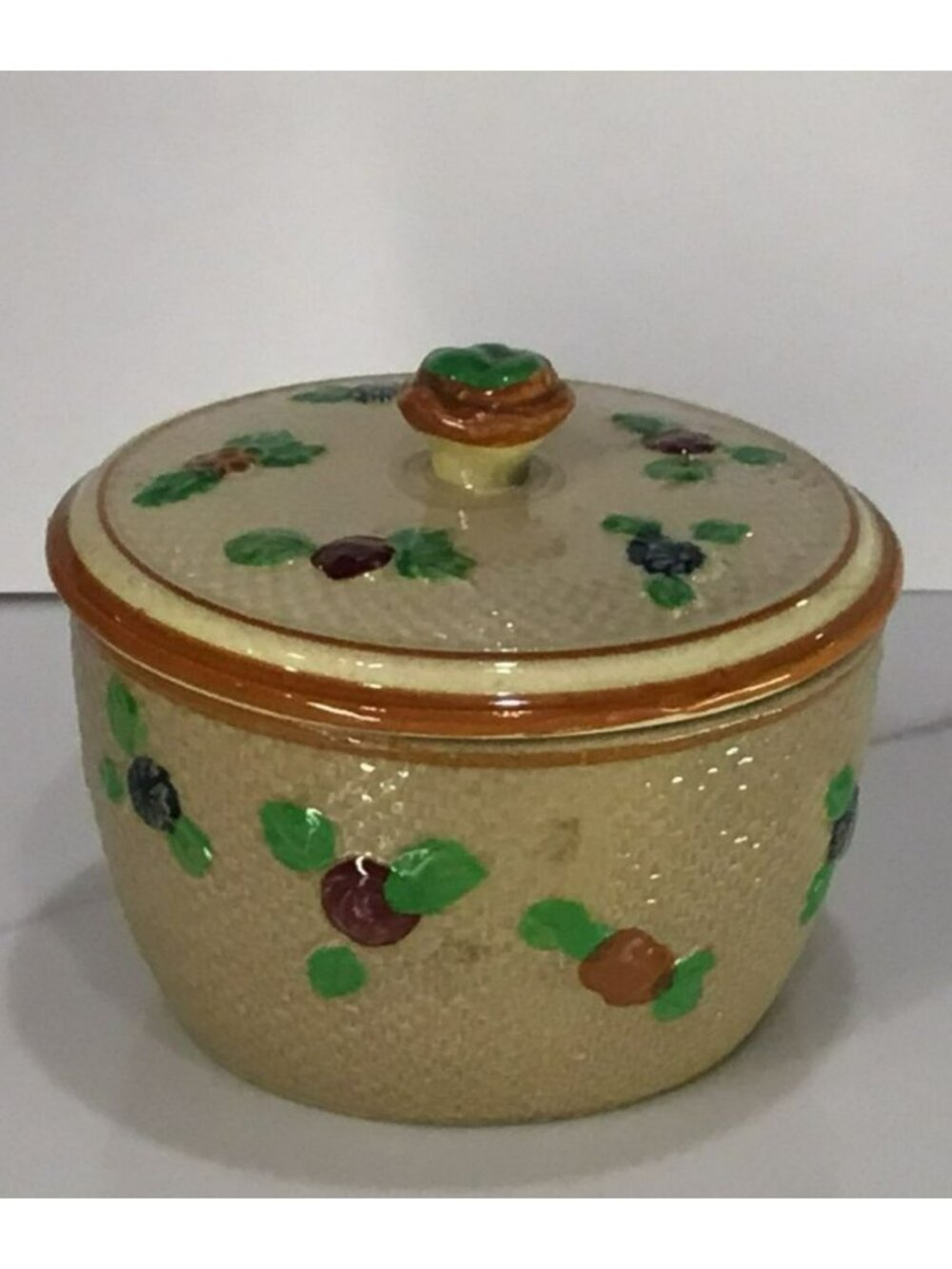 Antique Majolica Hand Painted Sugar bowl / Lidded Trinket Box/ Biscuit Jar - Picture 2 of 13